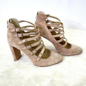 VINCE CAMUTO size 8.5 VC-Dalison Chunky Heel Pump Multi-Strap Beige Kid Suede